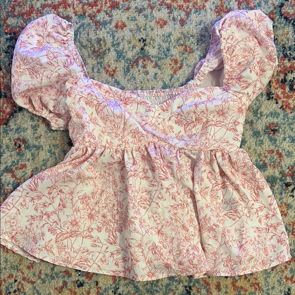 SHEIN Pink Floral Puff Sleeve Blouse
